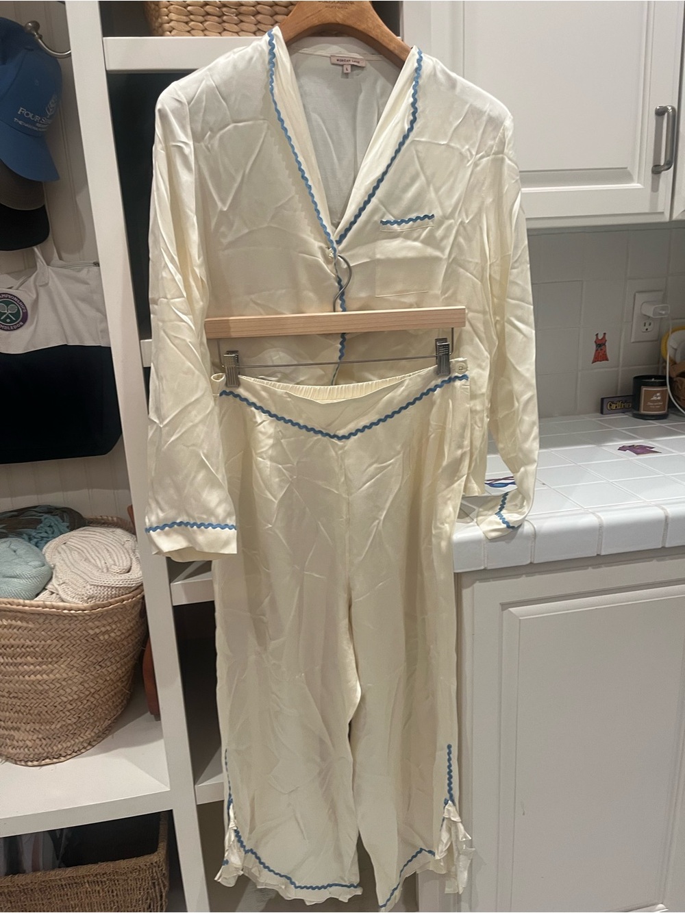 Morgan Lane Cream Satin Pajama Set with Blue Trim